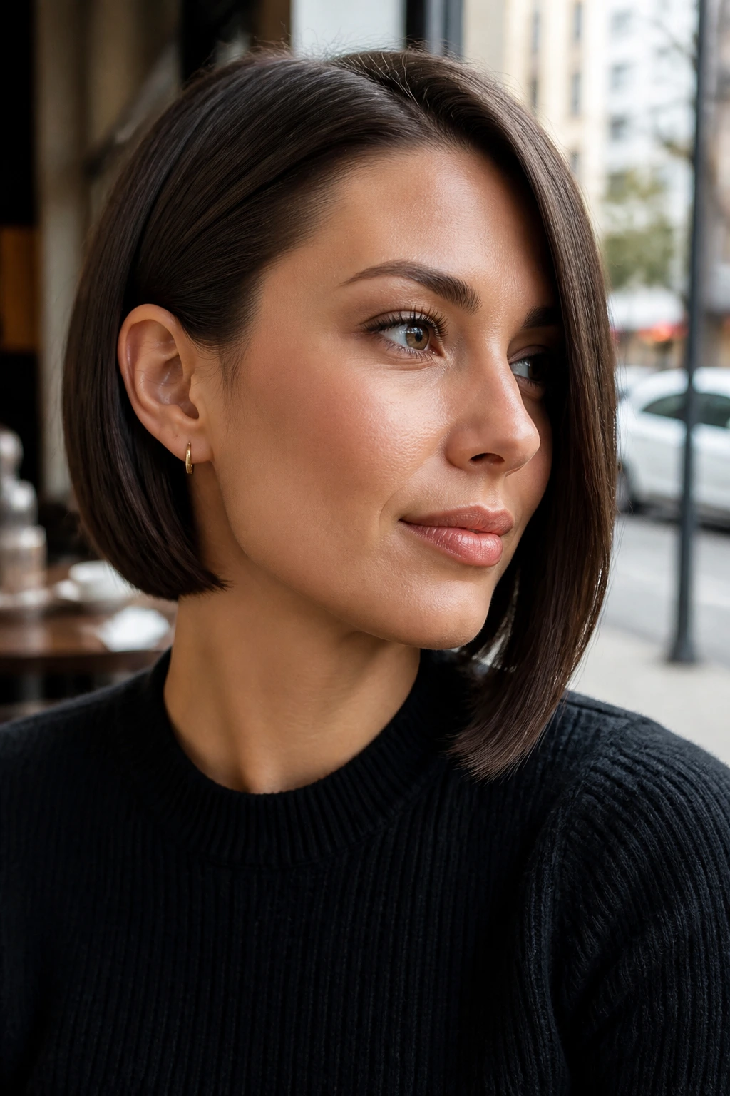 Portrait of a woman with an ear-tucked sleek bob in natural cafe light