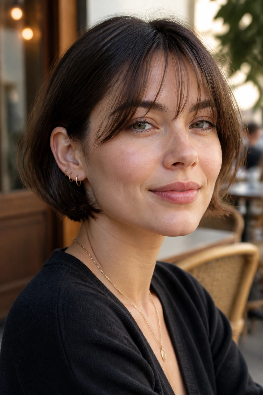 Portrait of a woman with ear-tucked bob and bangs, outdoors near a cafe.