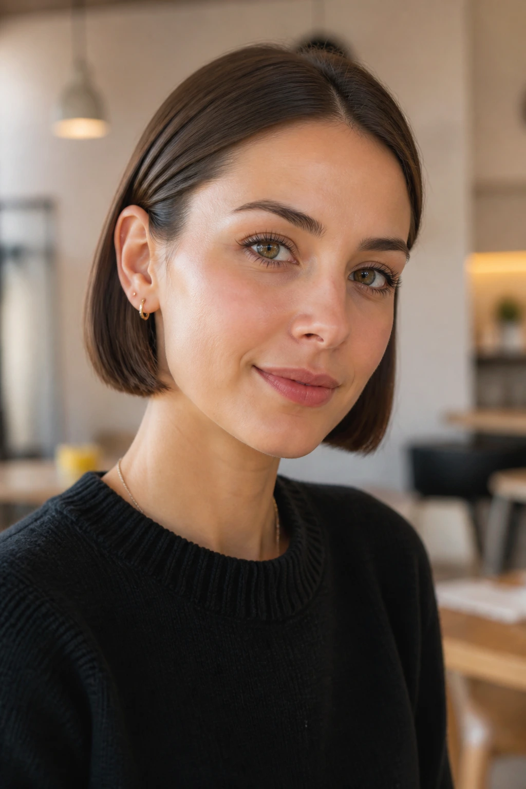 Close-up of a woman with an ear-tuck minimalist bob