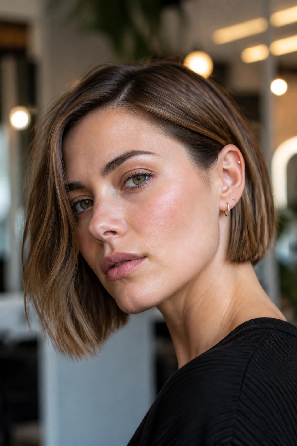 Close-up portrait of a woman with an ear-tuck razor bob in a salon
