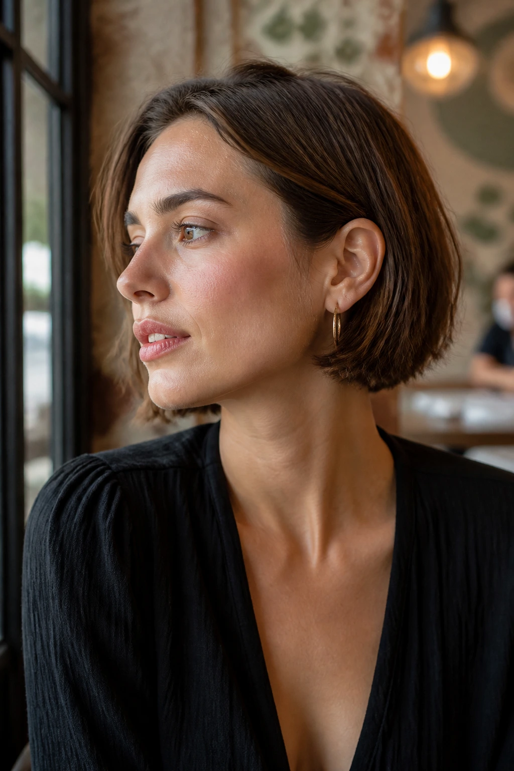 Close-up of a real woman with a jaw-length textured bob tucked behind the ear.