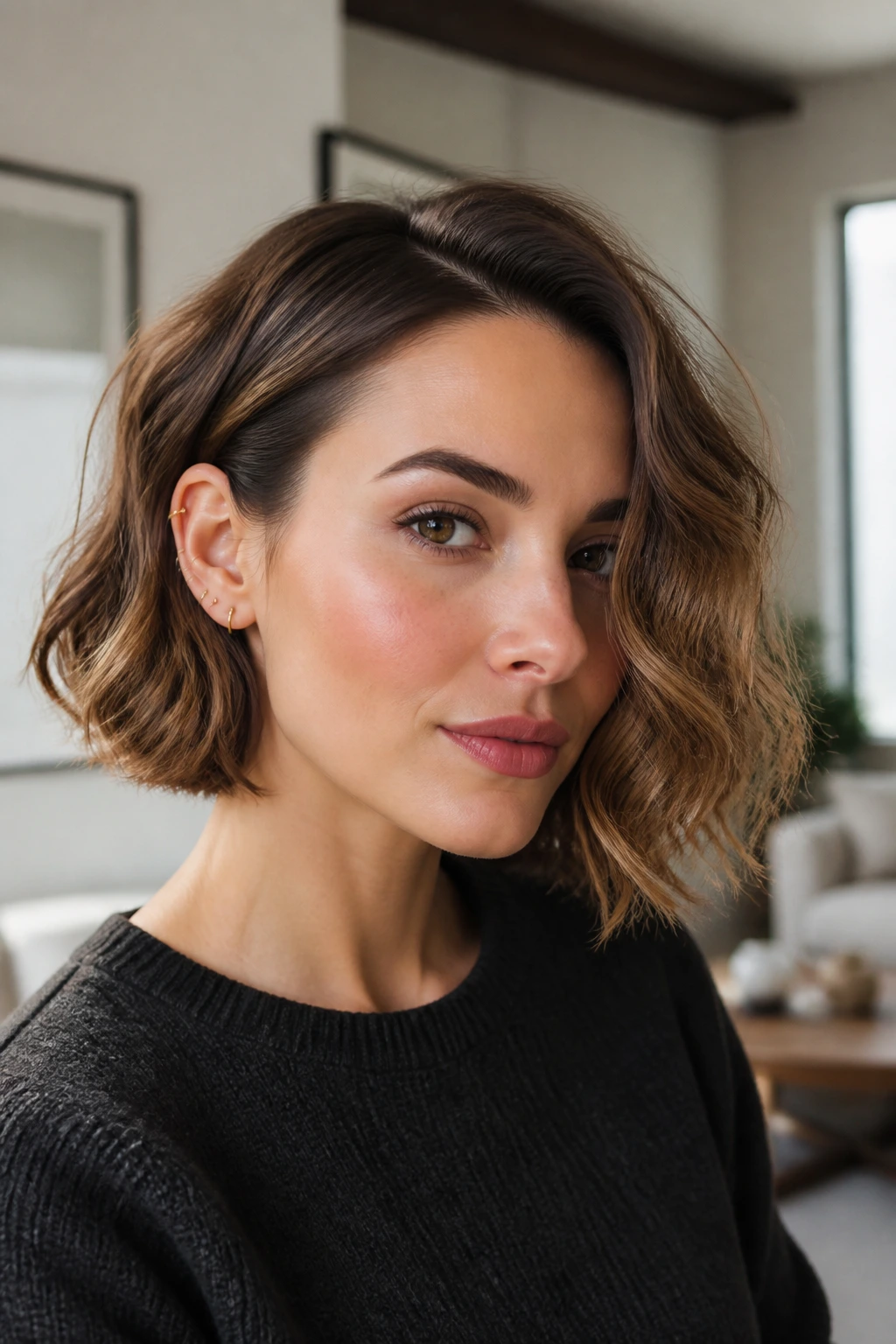 Close-up of a real woman with an ear-tucked wavy bob in a stylish interior