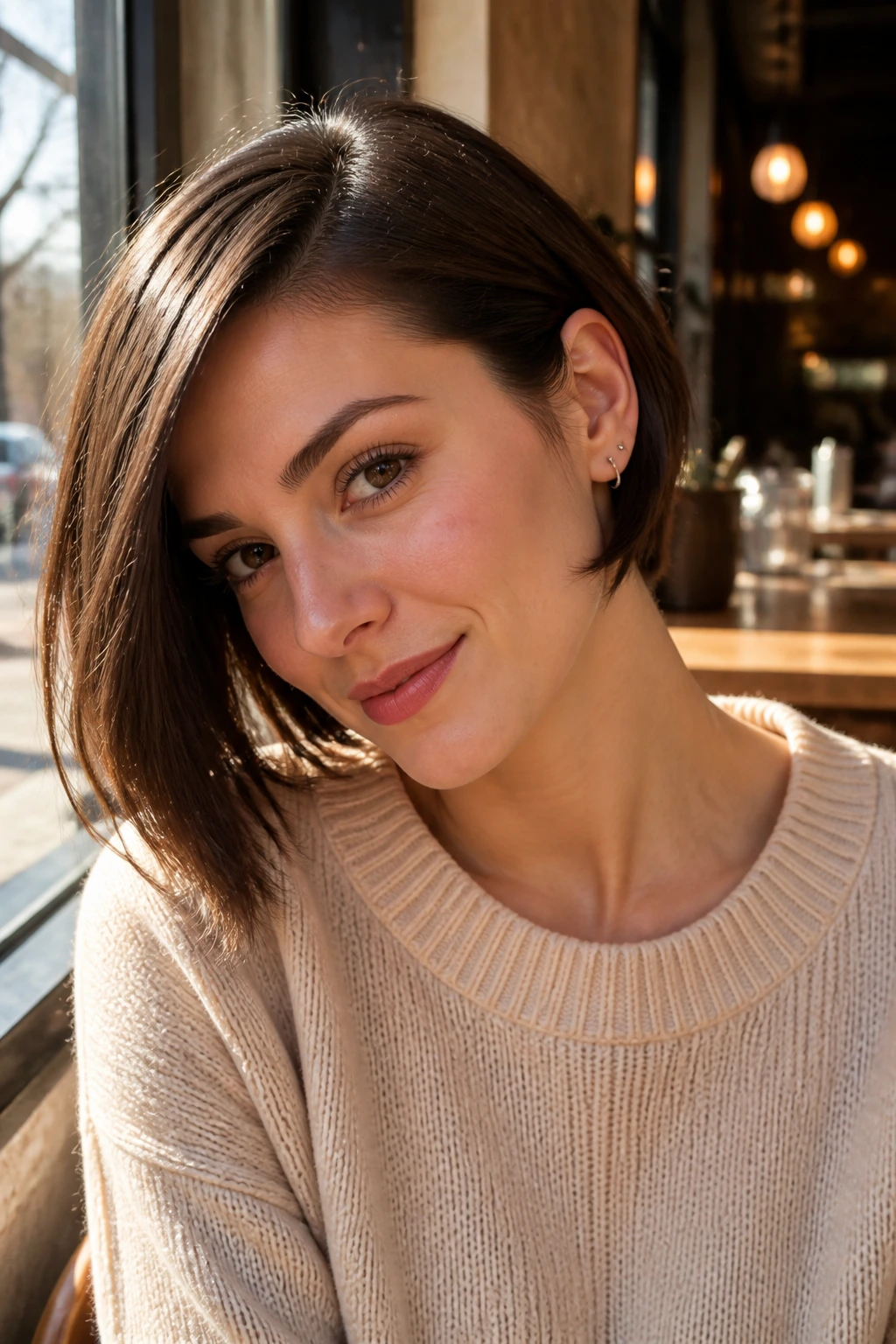 Portrait of a real woman with ear-tuckable short angled bob tucked behind an ear in a sunlit cafe