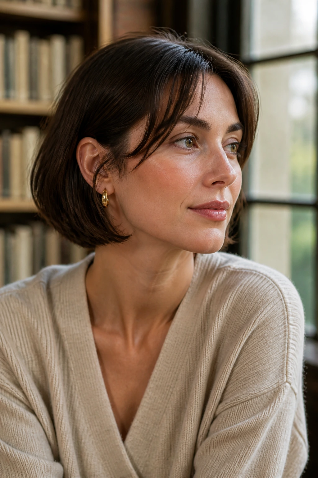 Real woman with ear-tuckable soft bob tucked behind ears in warm light
