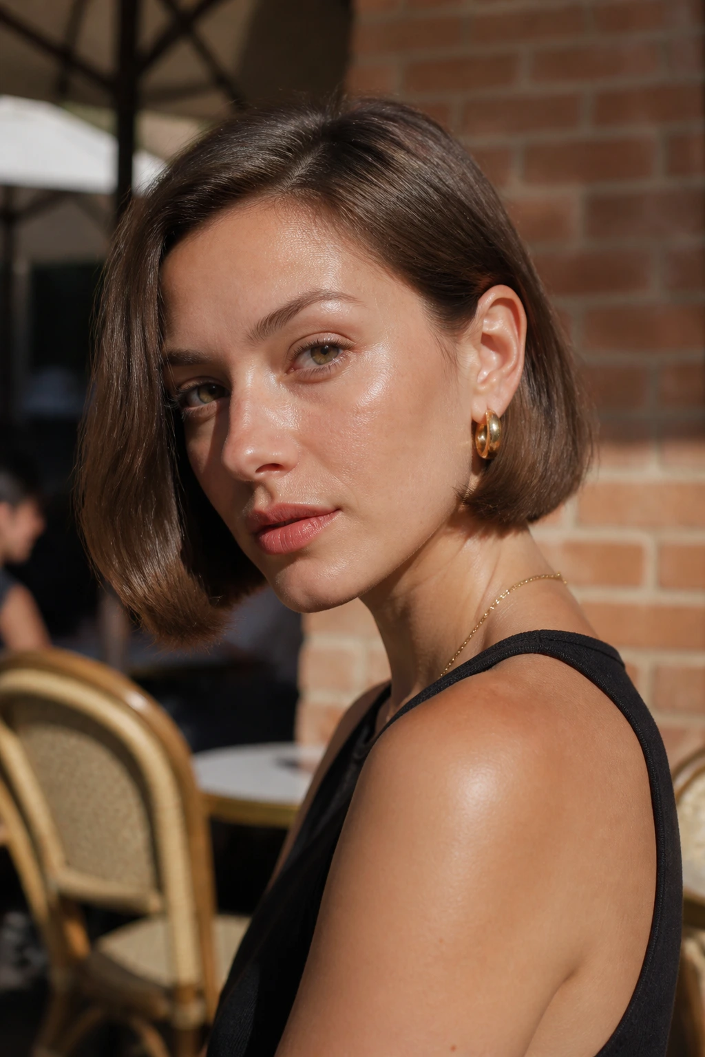 Close-up of a woman with an ear-tucked Parisian bob in a cafe setting
