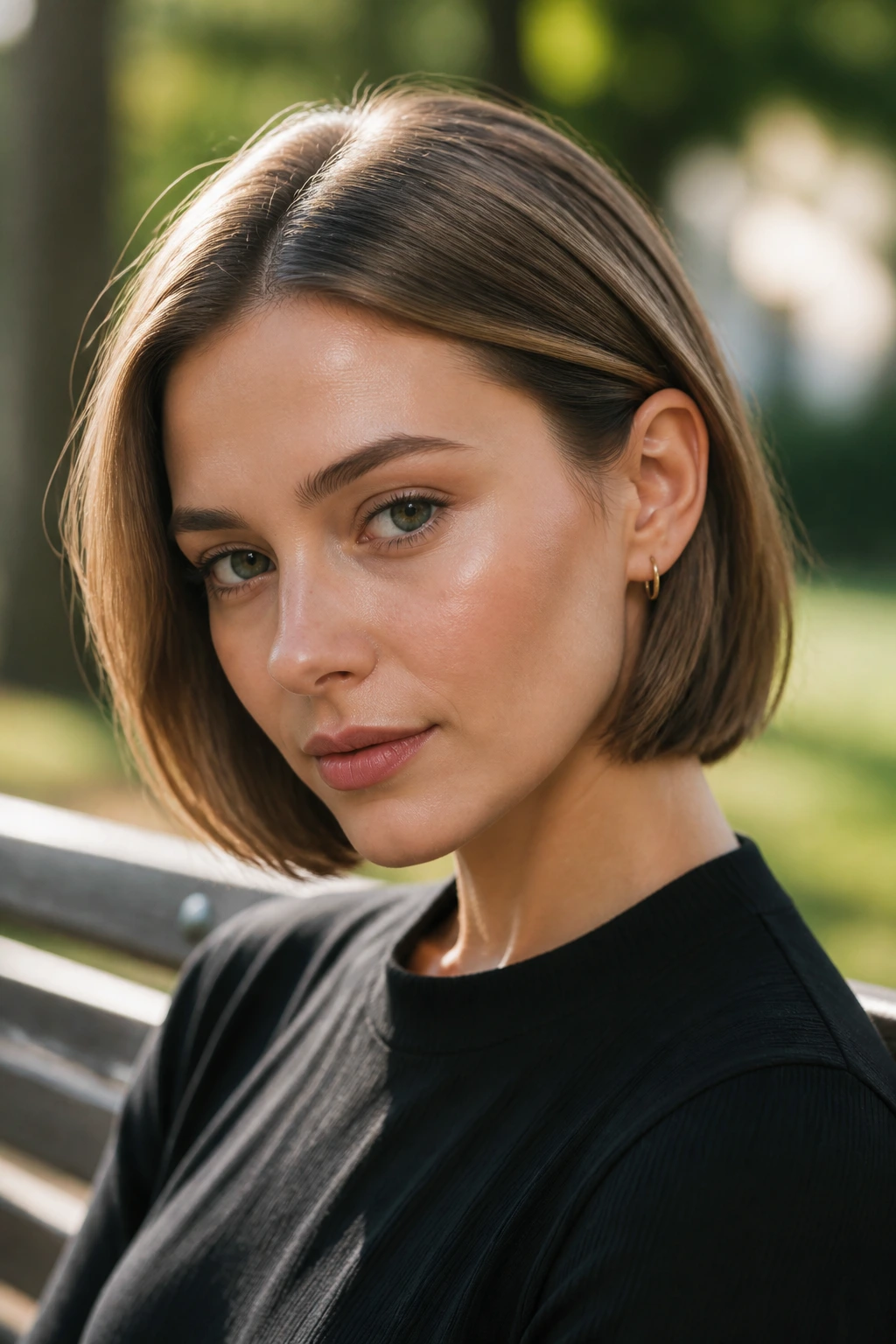 Close-up portrait of a woman with an ear-tucked bob outdoors