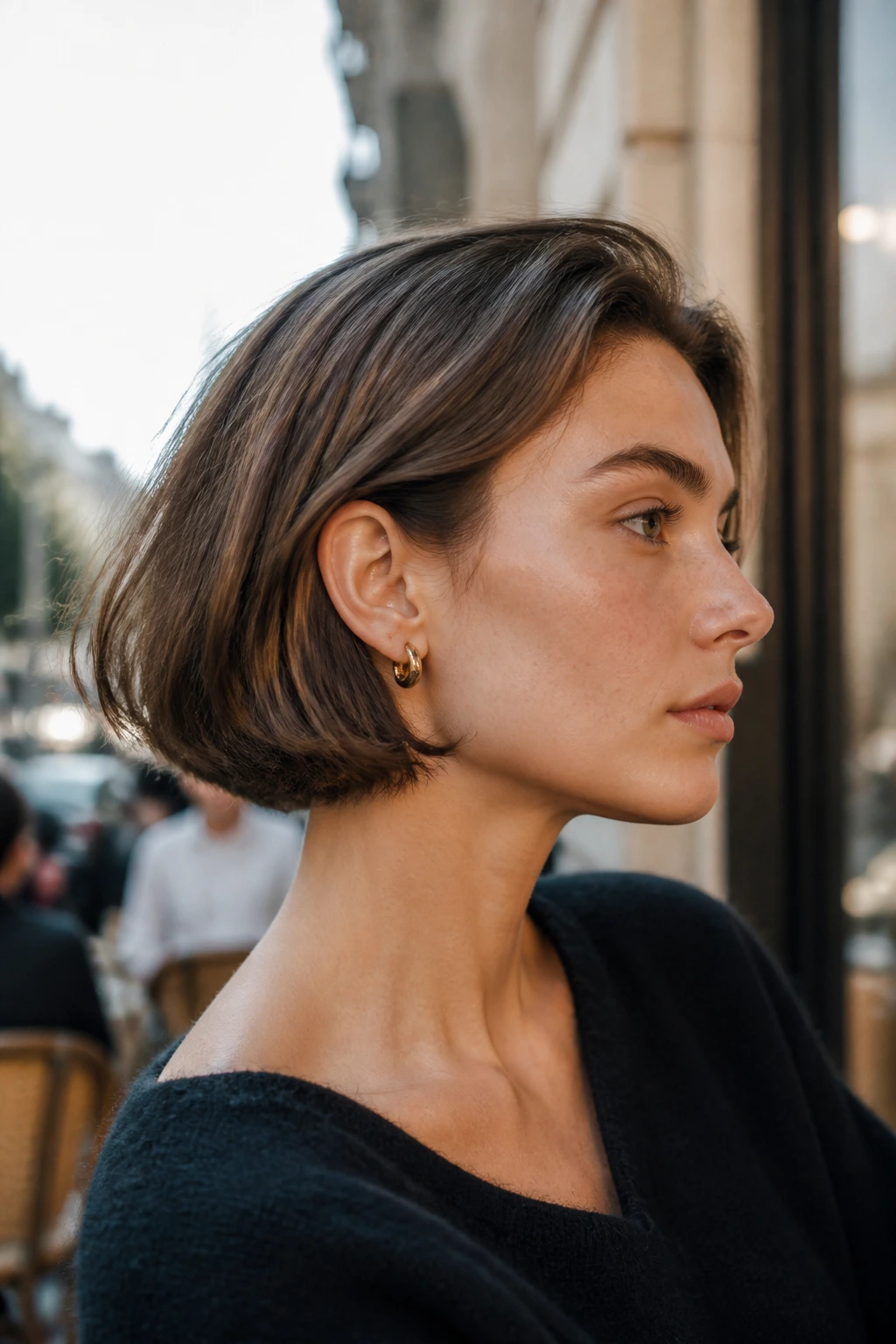 Side profile of a real woman with ear-tucked bob