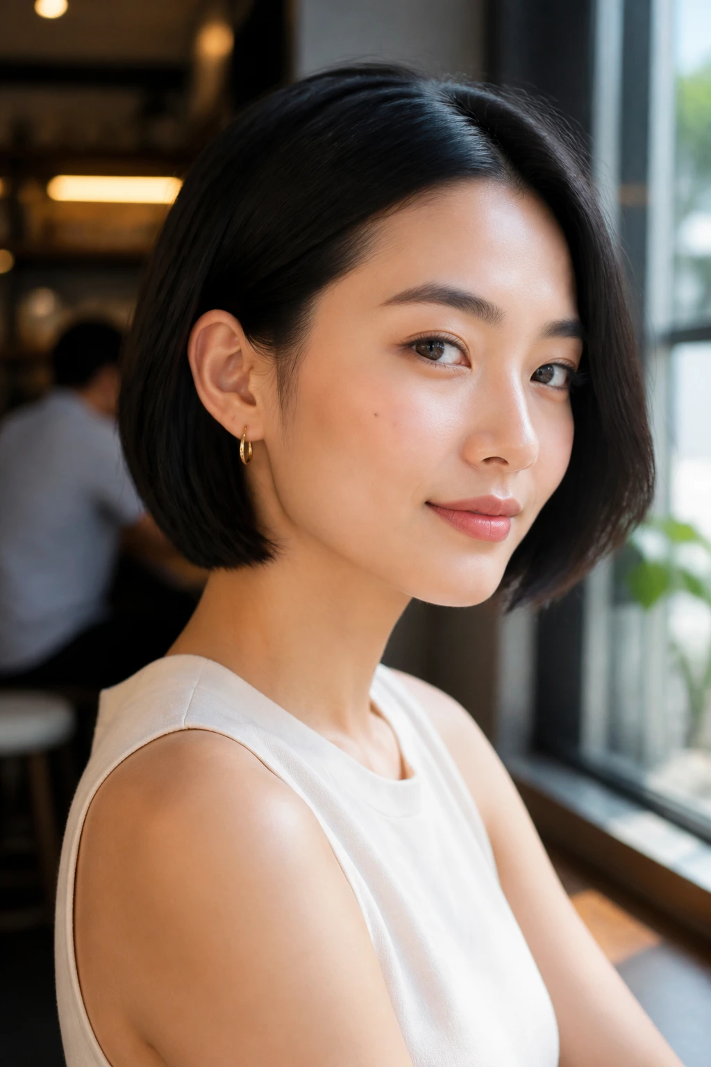 Close-up of real Asian woman with sleek ear-tucked bob highlighting ears