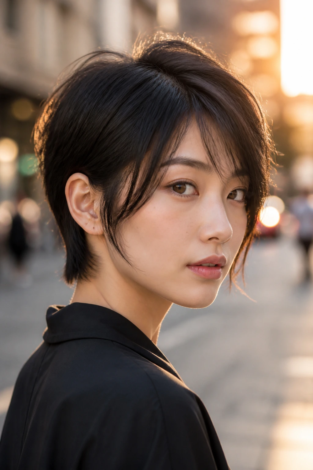 Portrait of a real woman with ear-tucked feathered crop hair behind the ear.