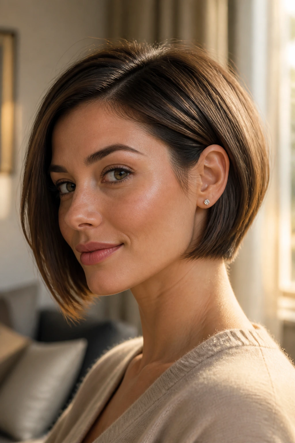 Close-up of a real woman with ear-tucked graduated bob