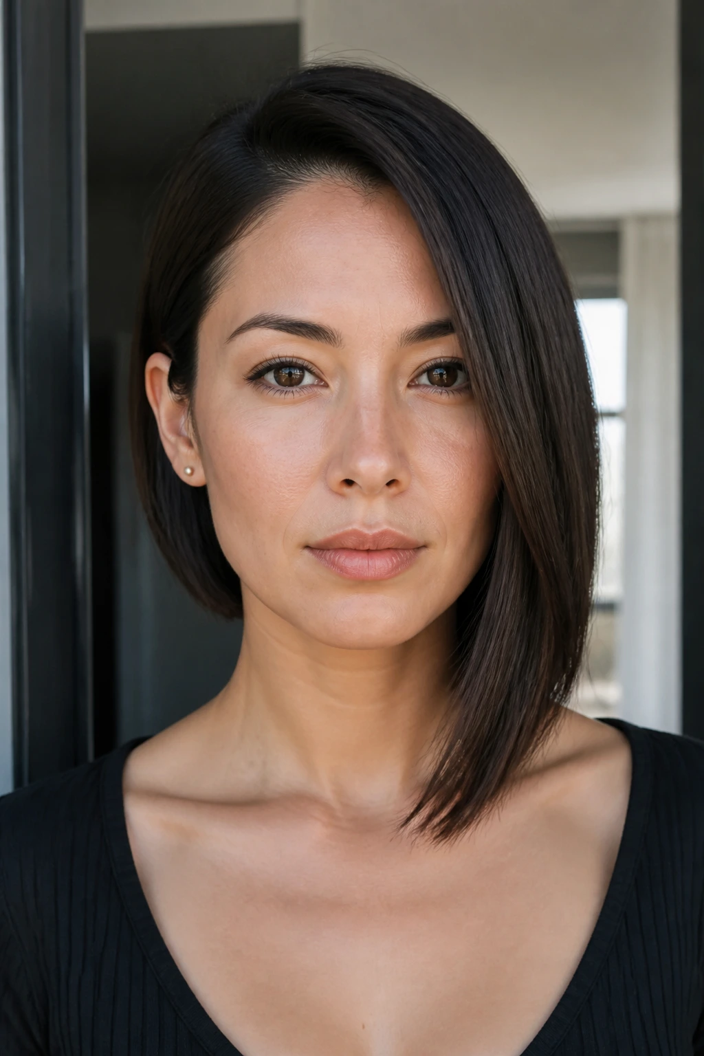 Portrait of a woman with ear-tucked minimalist bob
