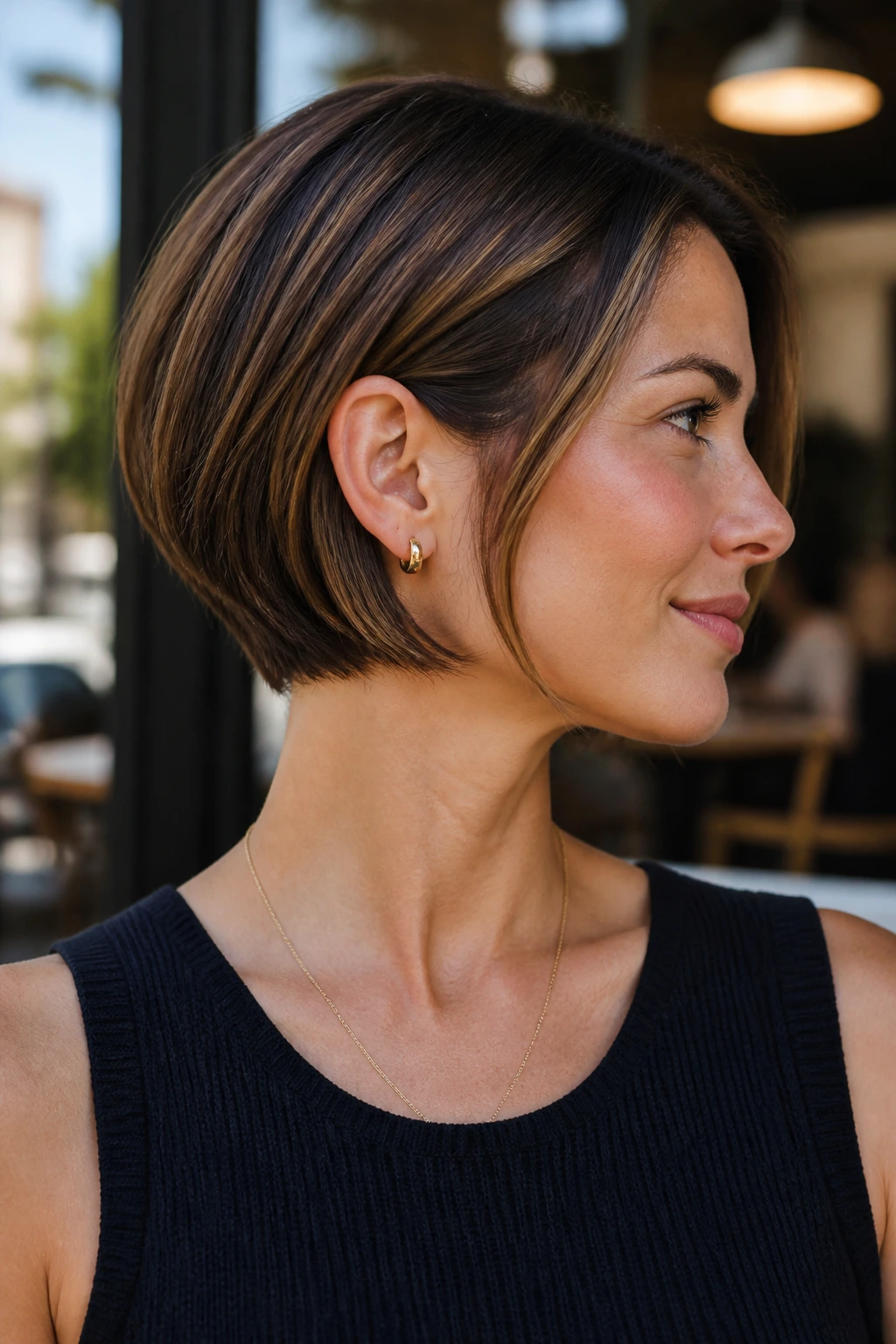 Close-up of a real woman with ears tucked behind the stack for a casual chic look.