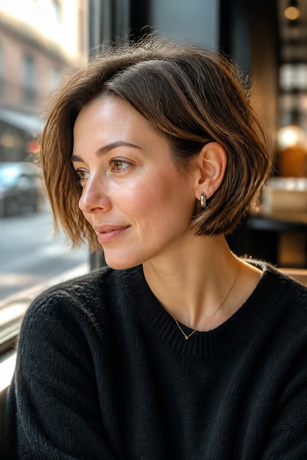 Close-up portrait of a real woman with an ear-tucked textured bob in cafe window light.