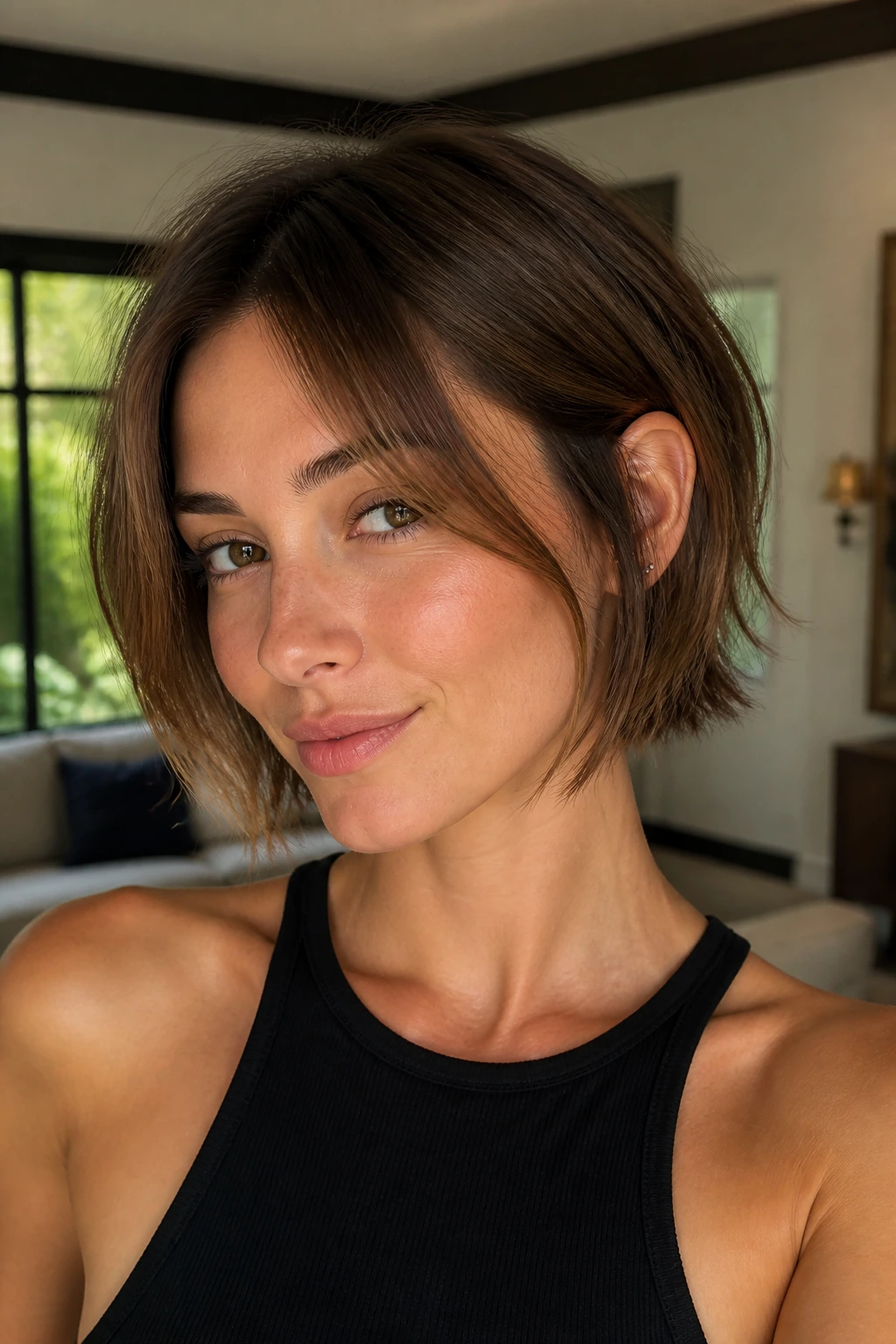 Close-up portrait of a woman with ear-tucked textured bob