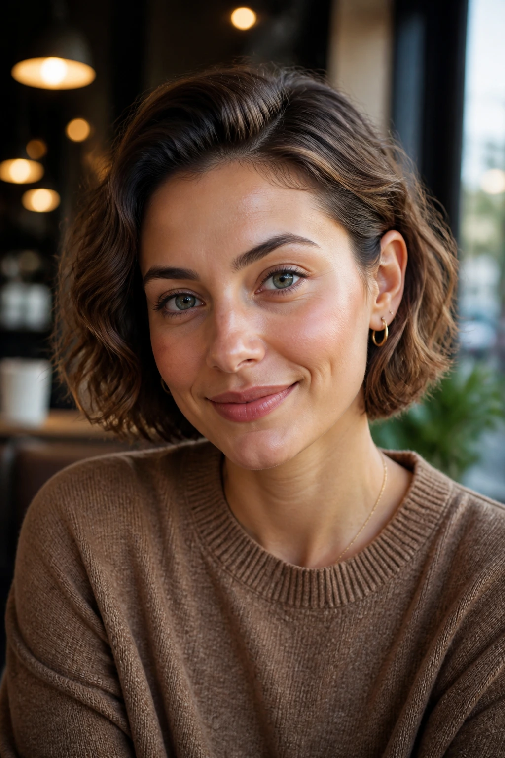 Close-up of a real woman with ears tucked behind a wavy bob in a cafe setting