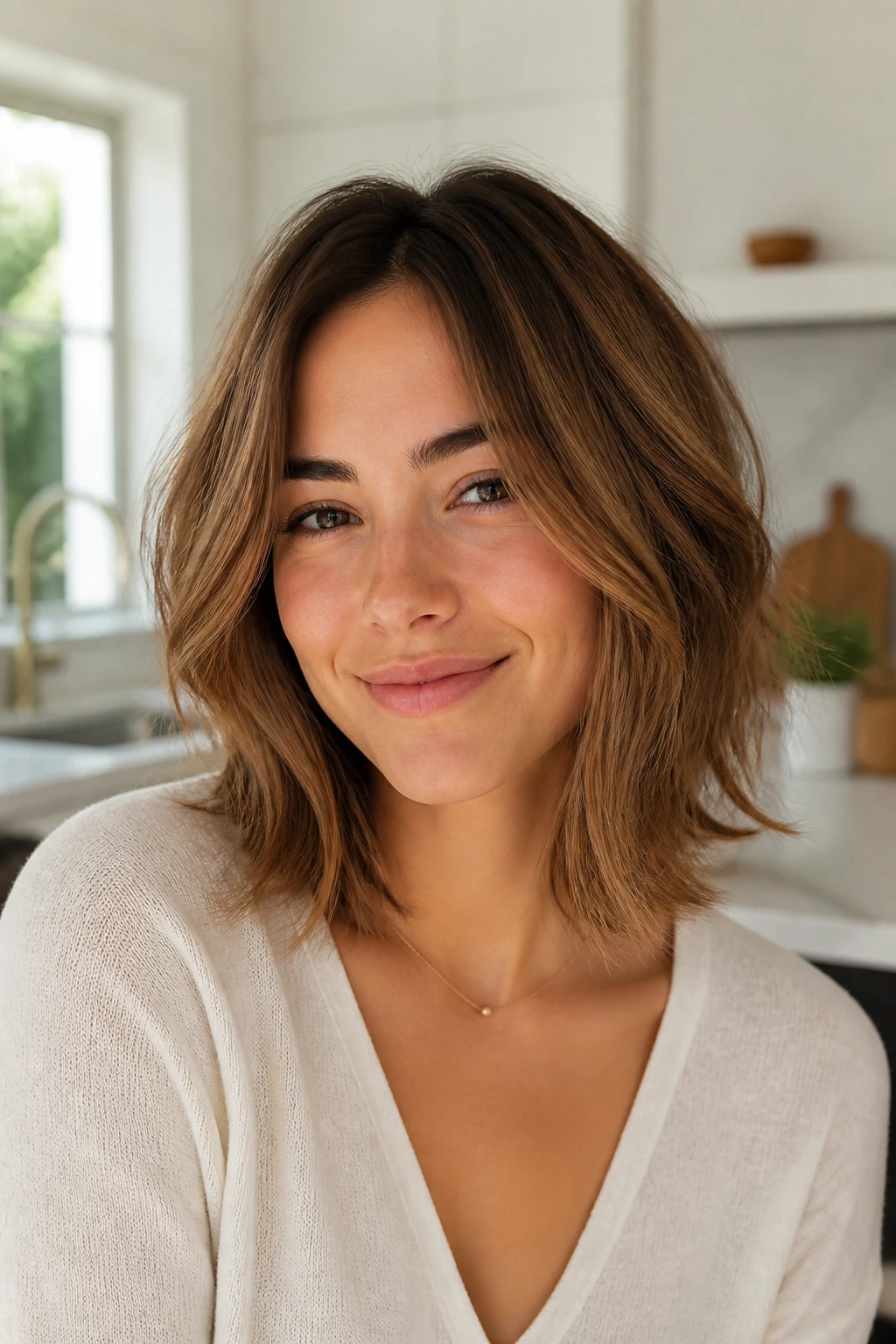 Close-up of a person with an easy-care hairstyle in sunlit kitchen