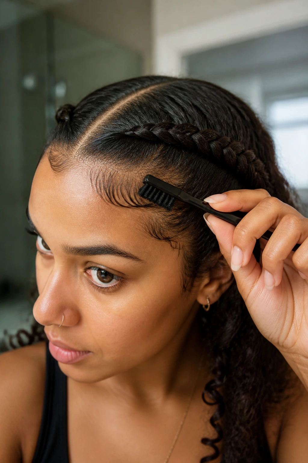 Close-up of hairline being smoothed with edge control along curls