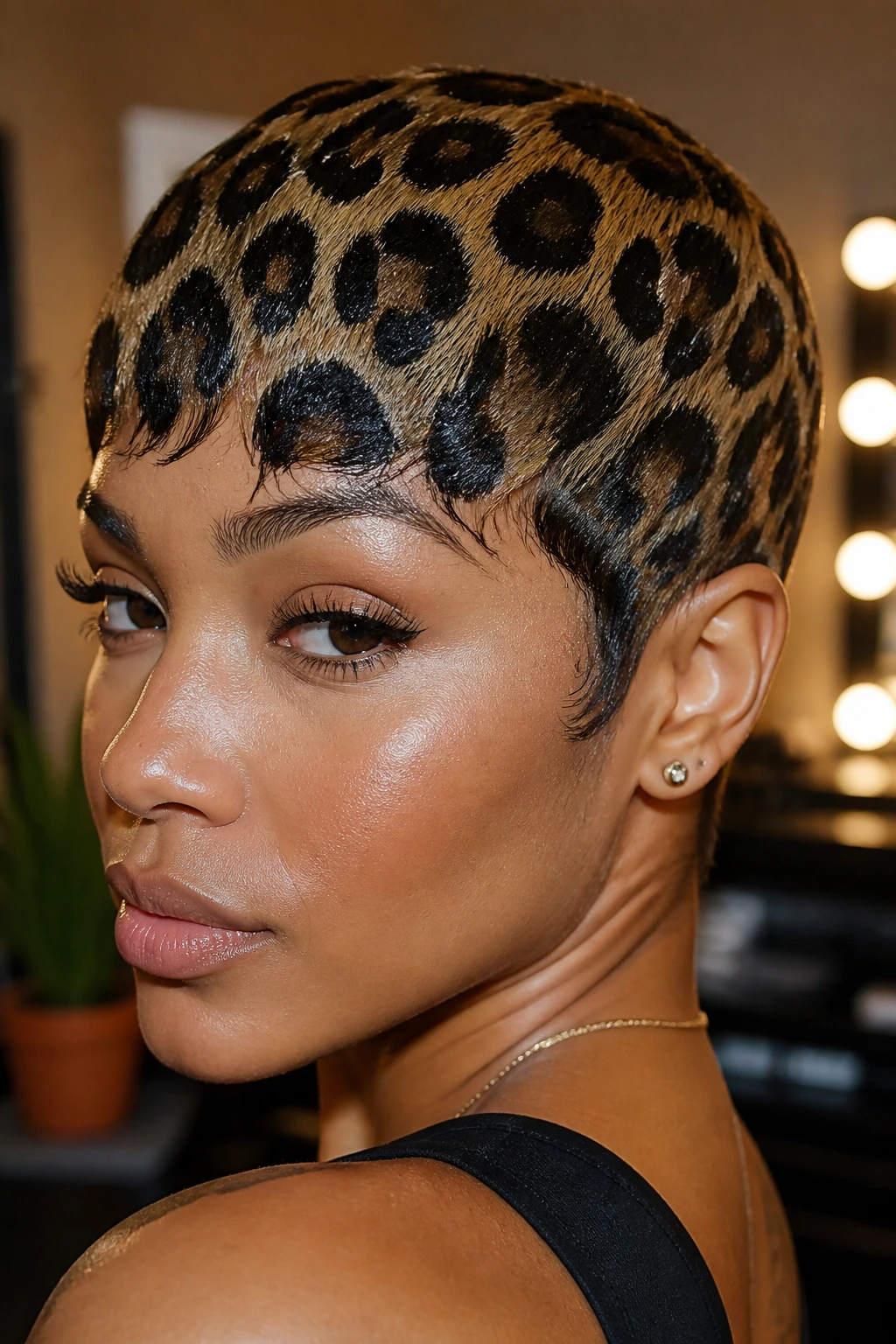 Real person leopard print hair close-up showing crisp spot edges
