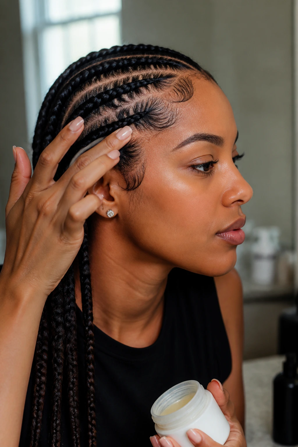 Side-profile of a woman applying edge control to her hairline