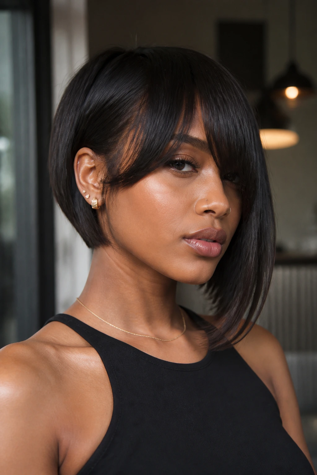 Close-up of a real woman with an edgy asymmetric bob and curtain bangs in an urban interior