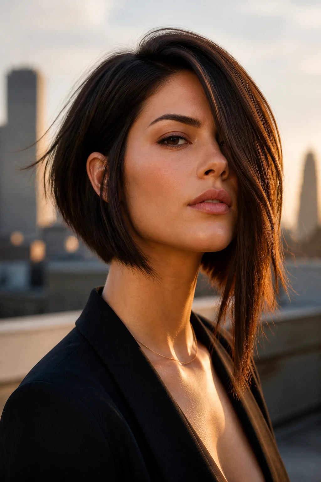 Portrait of a real woman with an edgy asymmetrical razored bob on a rooftop at golden hour