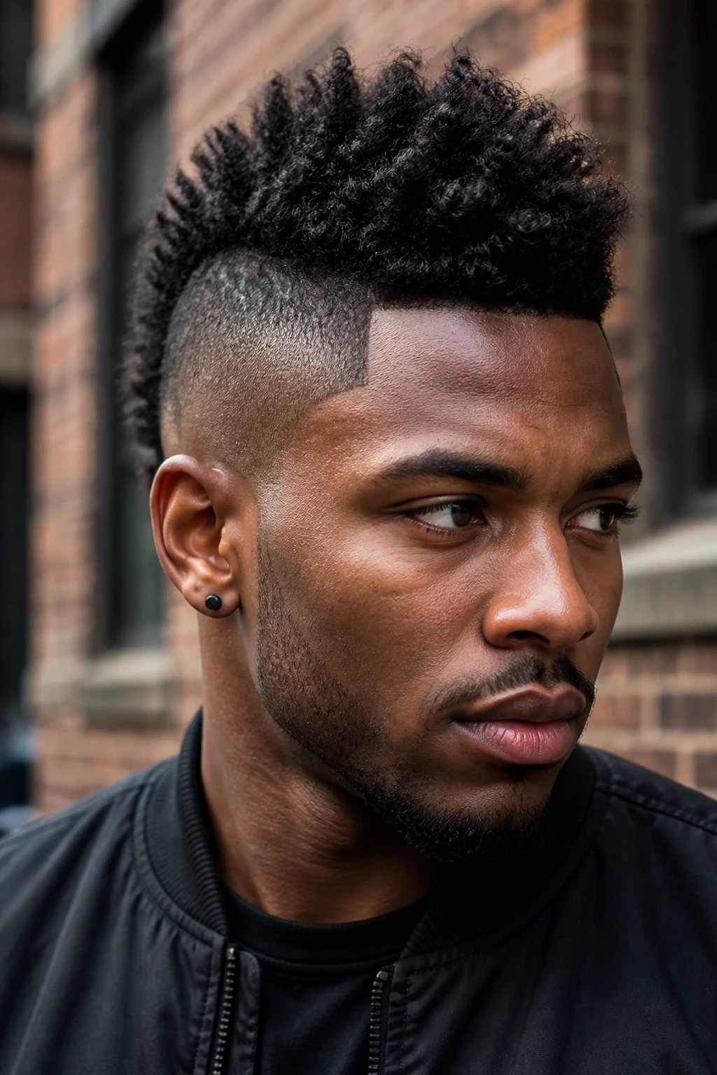 Close-up portrait of a person with shaved sides and frohawk hairstyle