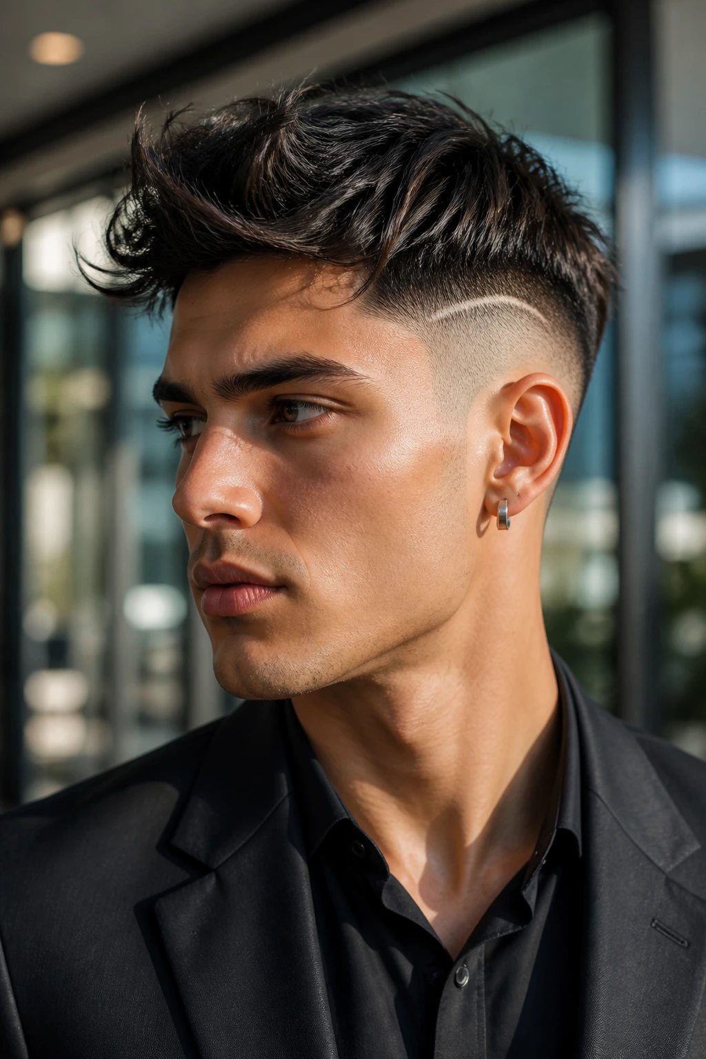 Close-up portrait of a person with edgy hairstyle and blazer in an office setting