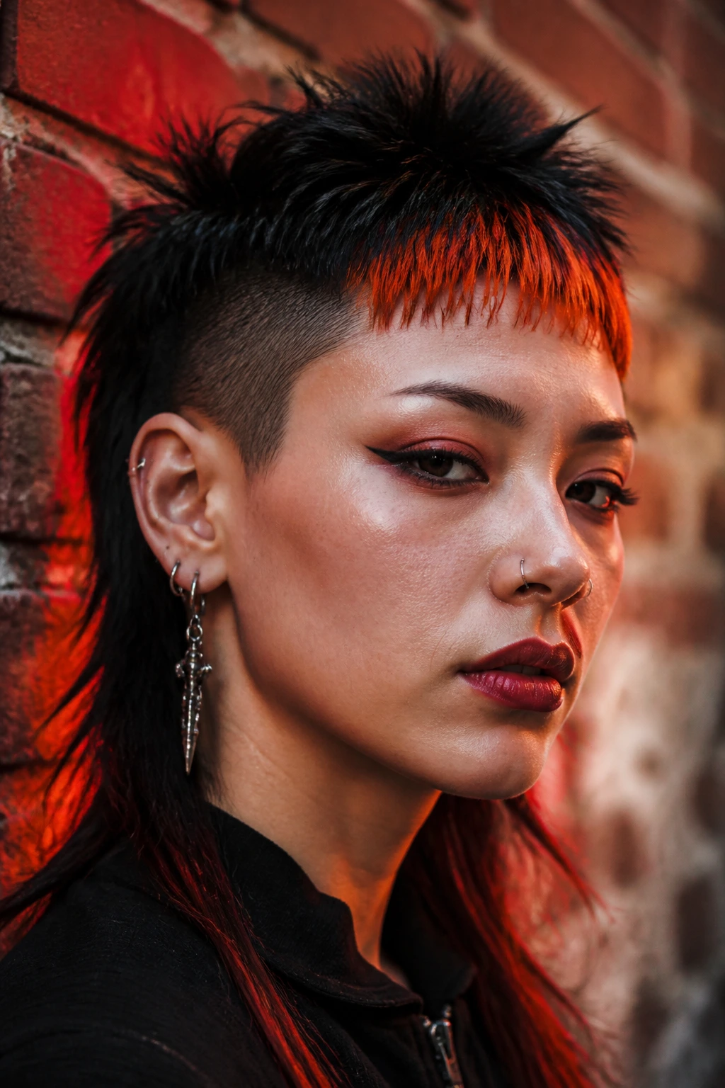 Close-up portrait of a real person with an edgy mullet and blood-orange spiky bangs.