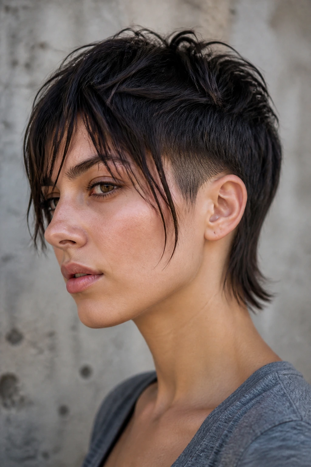 Real person with edgy mullet crop and temple-length bangs
