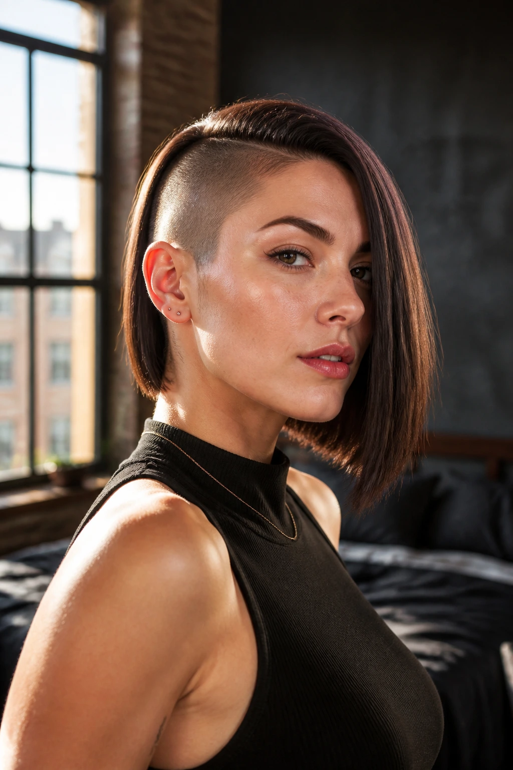 Close-up portrait of a person with a shaved side and a sleek bob, high-contrast edgy hairstyle.