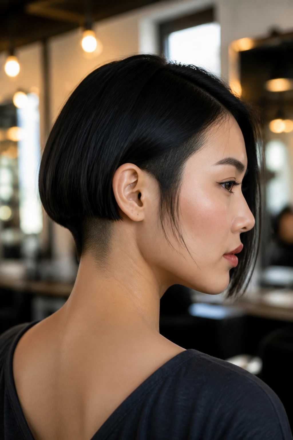Close-up portrait of a real woman with an edgy undercut bob, showing shaved nape and blunt chin-length front