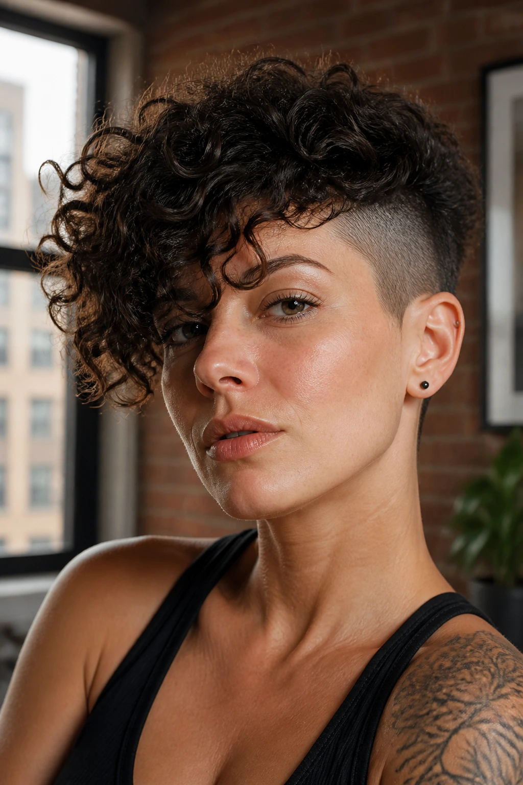 Close-up of a real person with an edgy undercut and side-swept curly fringe