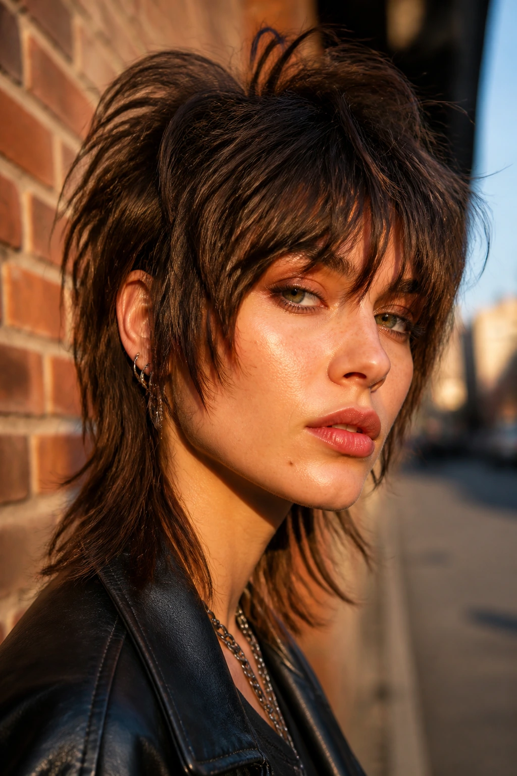 Close-up of a real person with edgy mullet-bob hybrid and curtain bangs against a brick wall