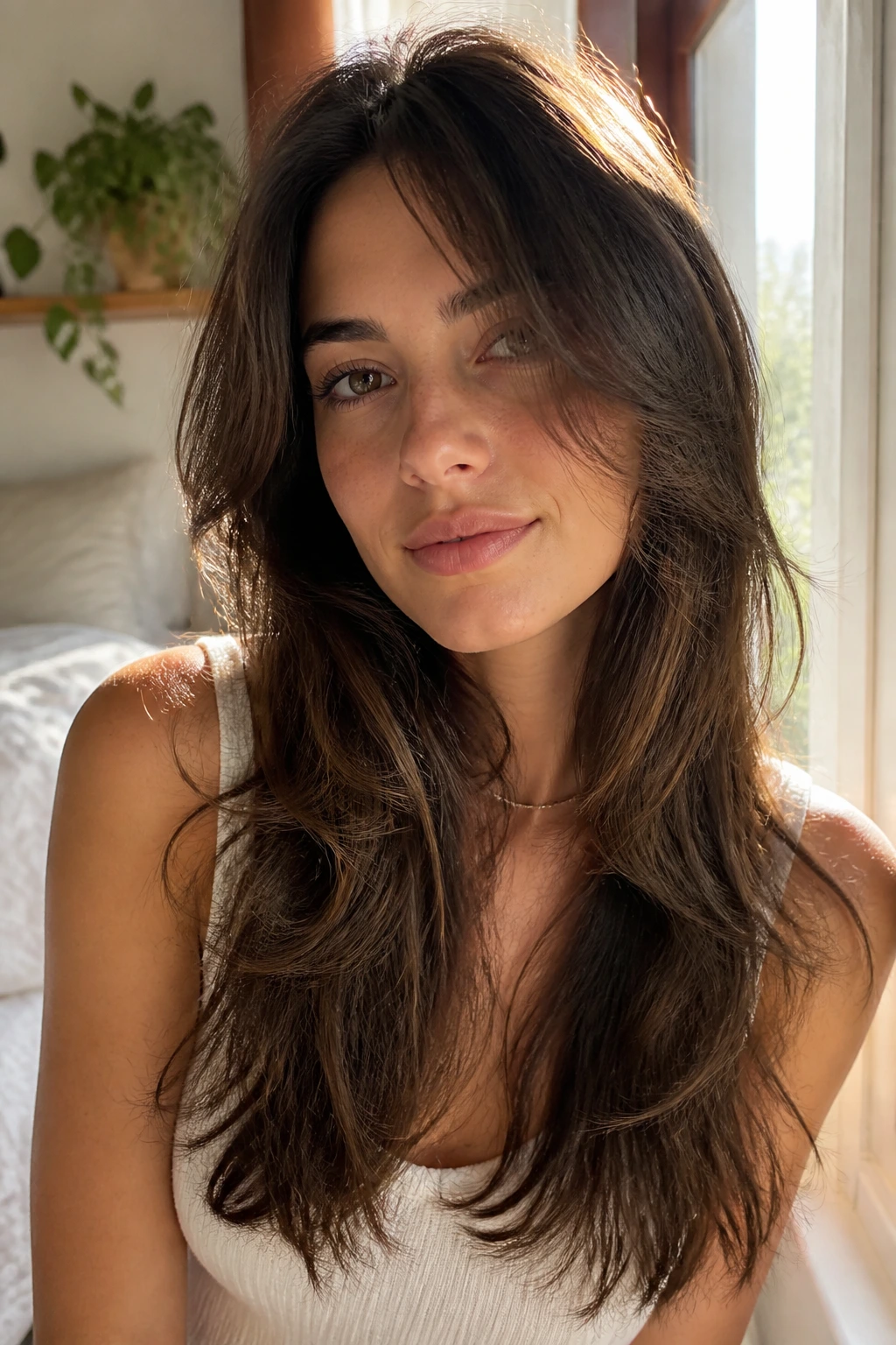 Close-up of a real woman with an effortless air-dried butterfly cut.