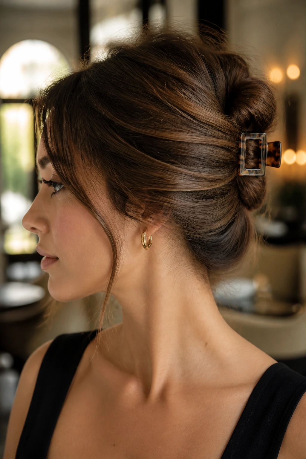 Close-up of a real woman with an effortless French twist secured with a clip.