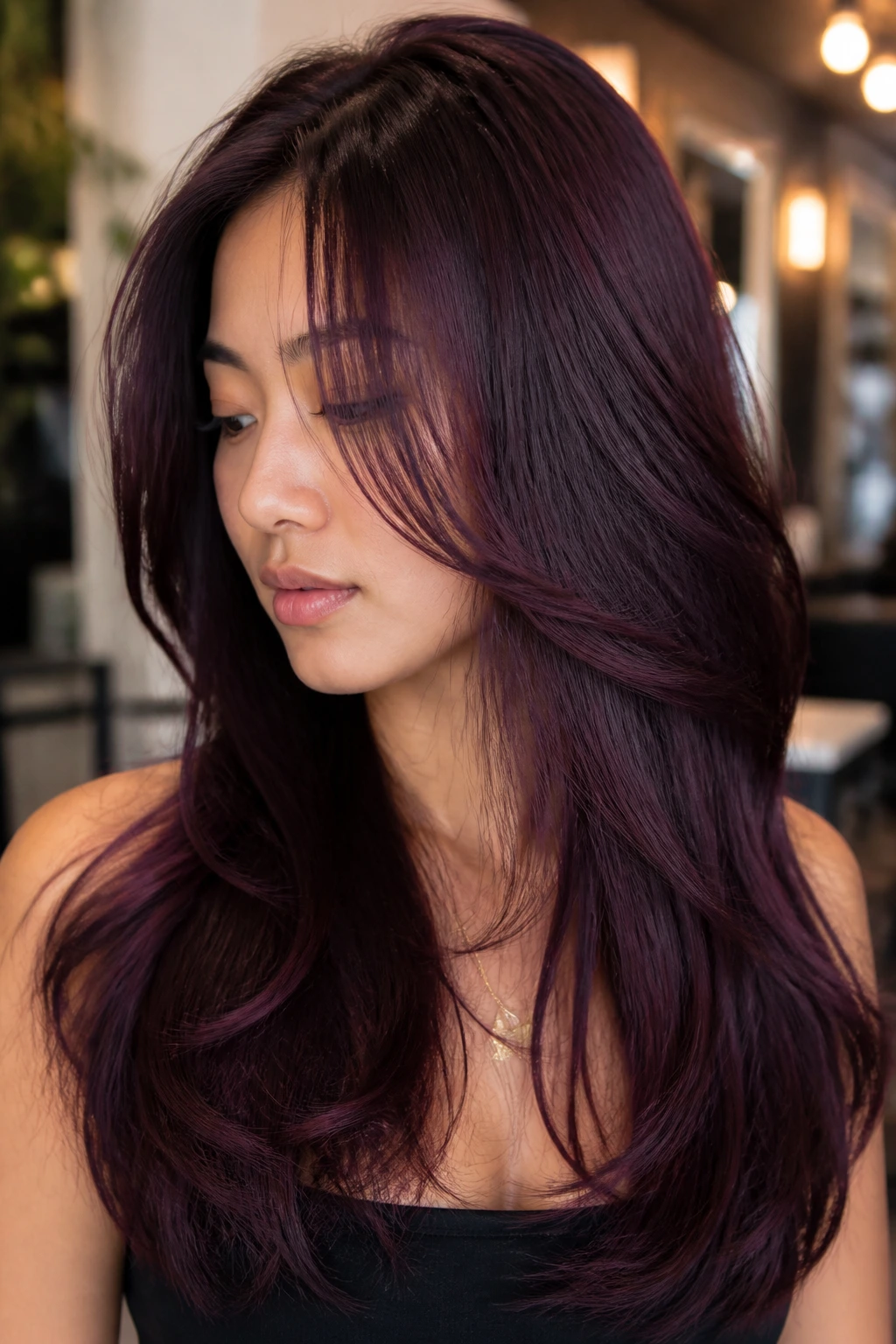 Close-up portrait of a real person with a deep eggplant layered cut in a salon