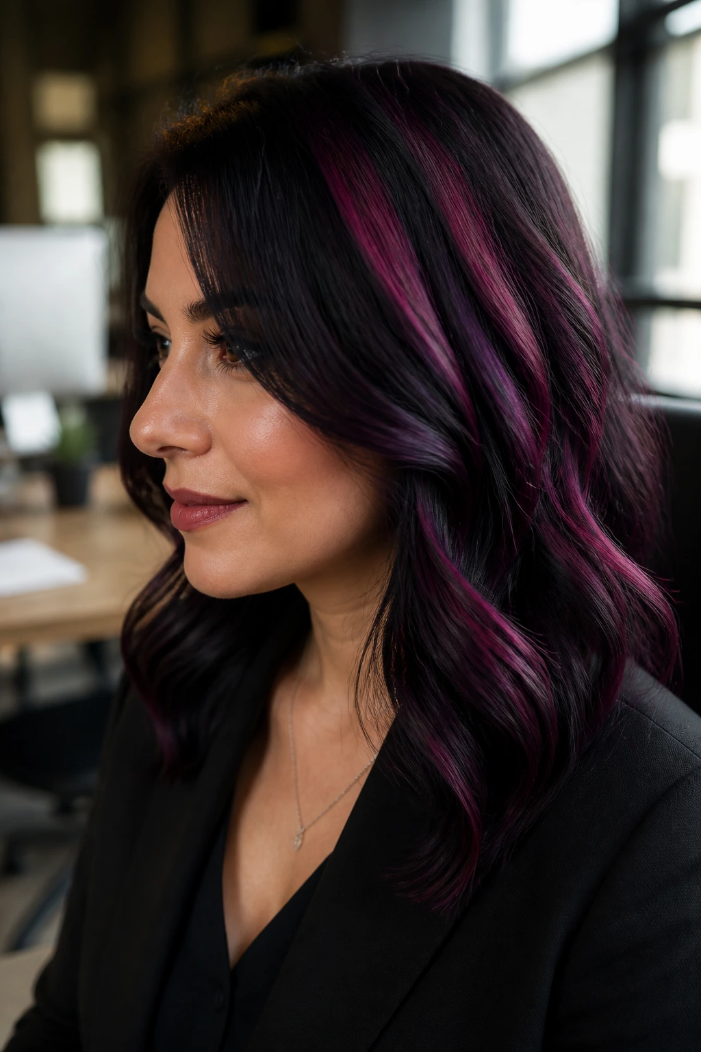 Close-up portrait of deep eggplant ribbon highlights on a real woman's hair in an office setting