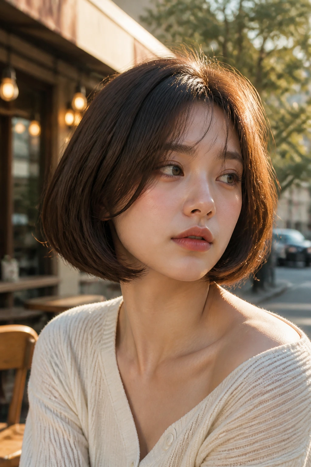 Close-up of real woman with Eggy Bob curved ends