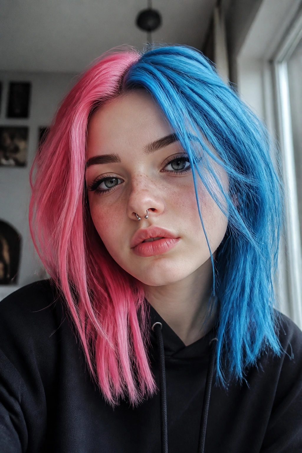 Close-up portrait of a real person with a pink and blue two-tone hair split.