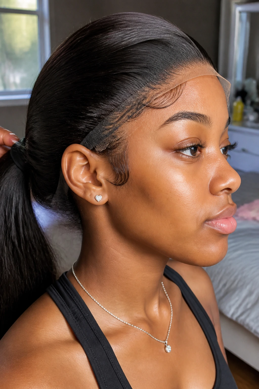 Close-up of real person wearing lace frontal wig with elastic band