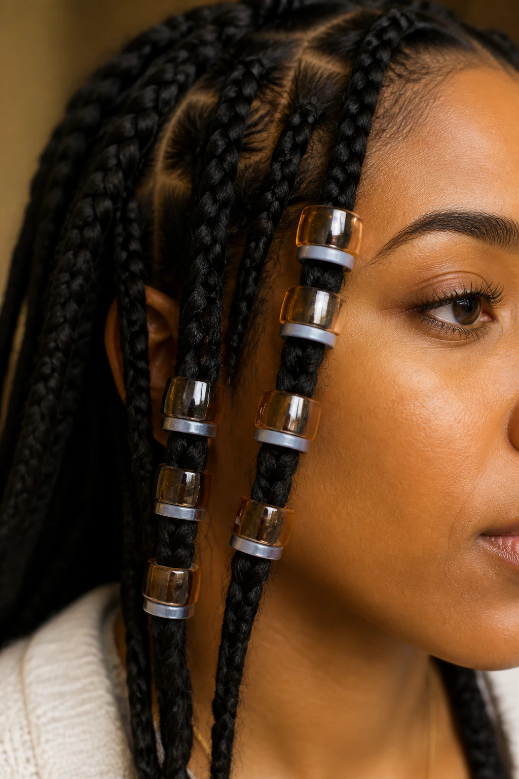Close-up of a real person wearing elasticity-linked beads in braids