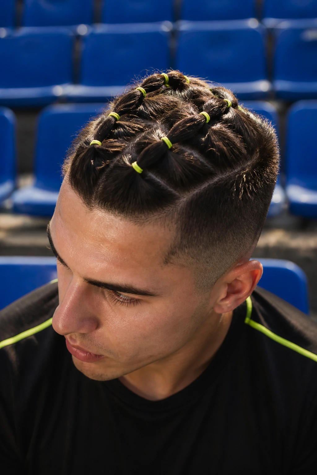 Close-up of elastic-laced faux hawk on a real athlete.