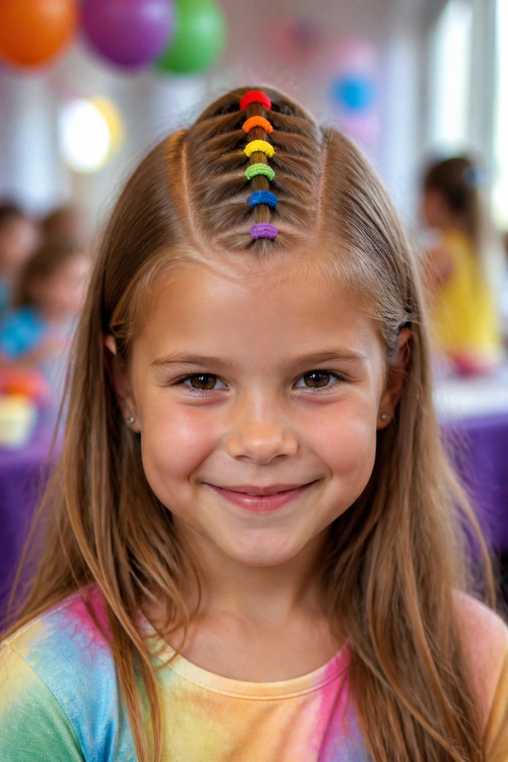 Close-up of a child’s head with a rainbow elastic mohawk hairstyle.