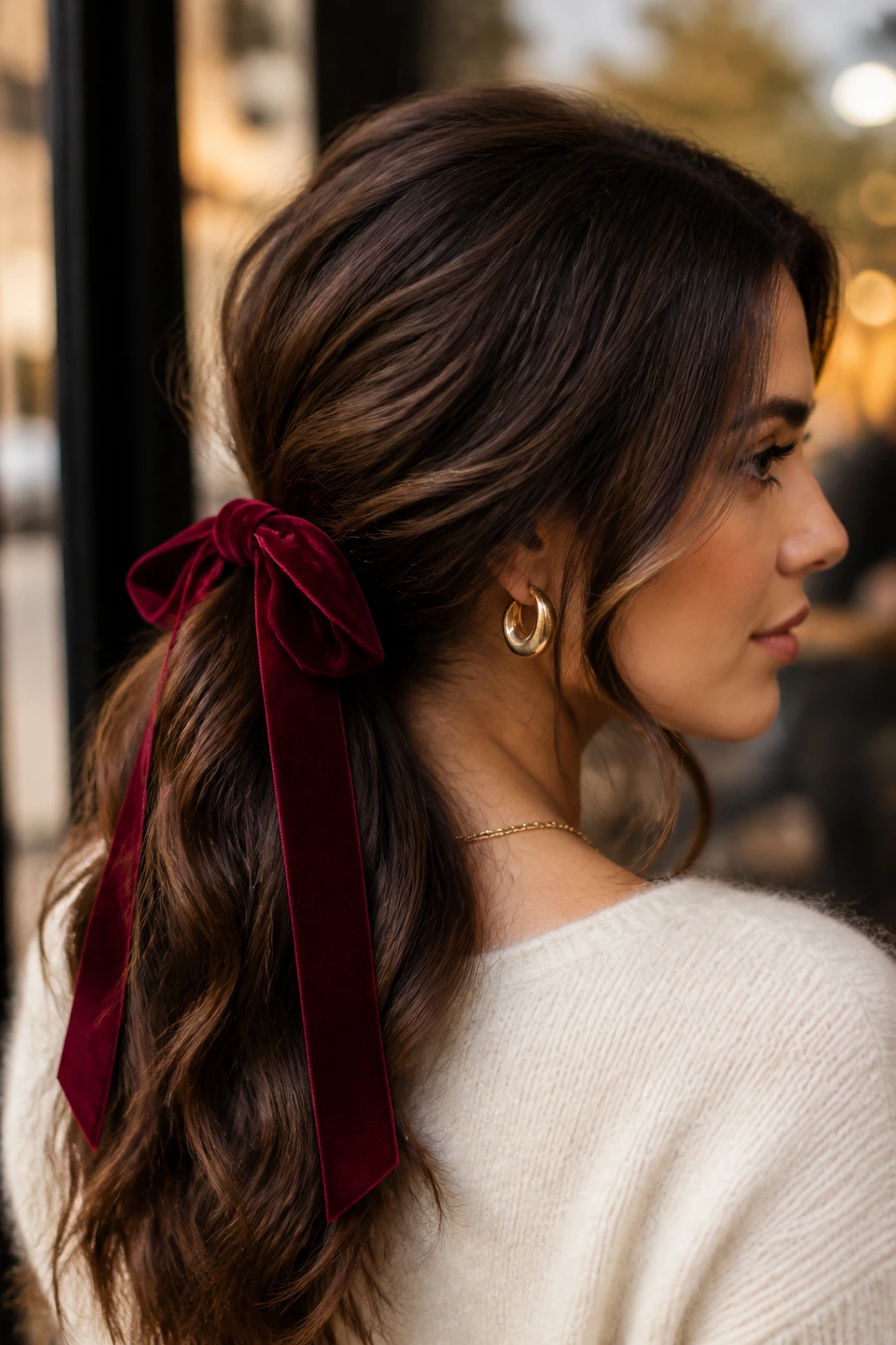 Real woman with velvet ribbon tied around a ponytail creating a romantic look