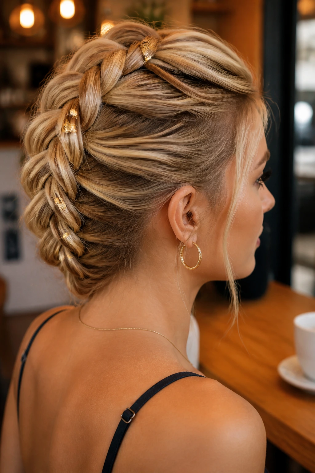 Close-up of a real person with a banana braid featuring small gold clips tucked into the links