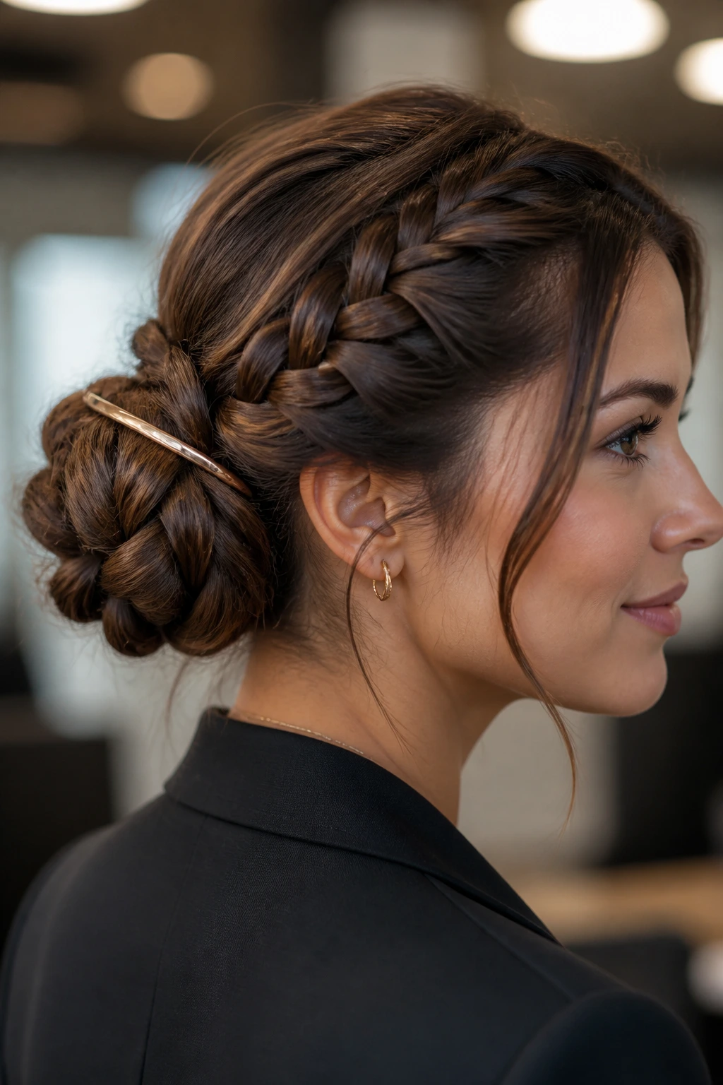 Close-up of a real woman with an embellished braided bun in an office