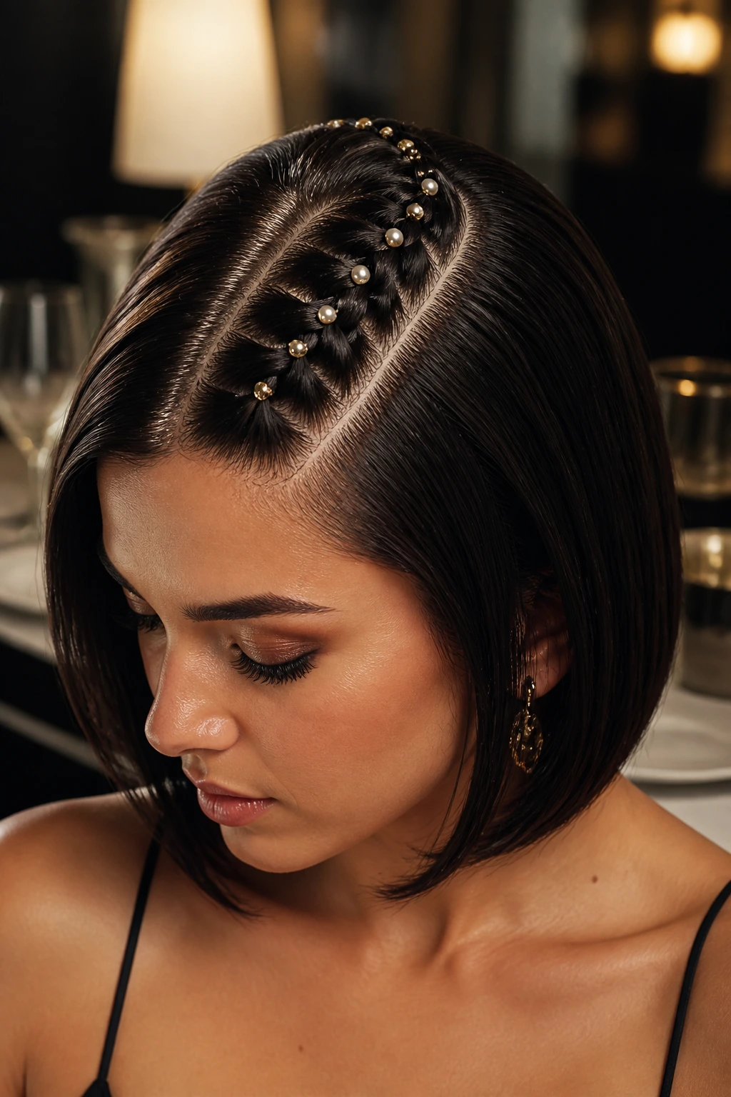 Close-up of a real woman with a braided part adorned with metallic pins and pearls