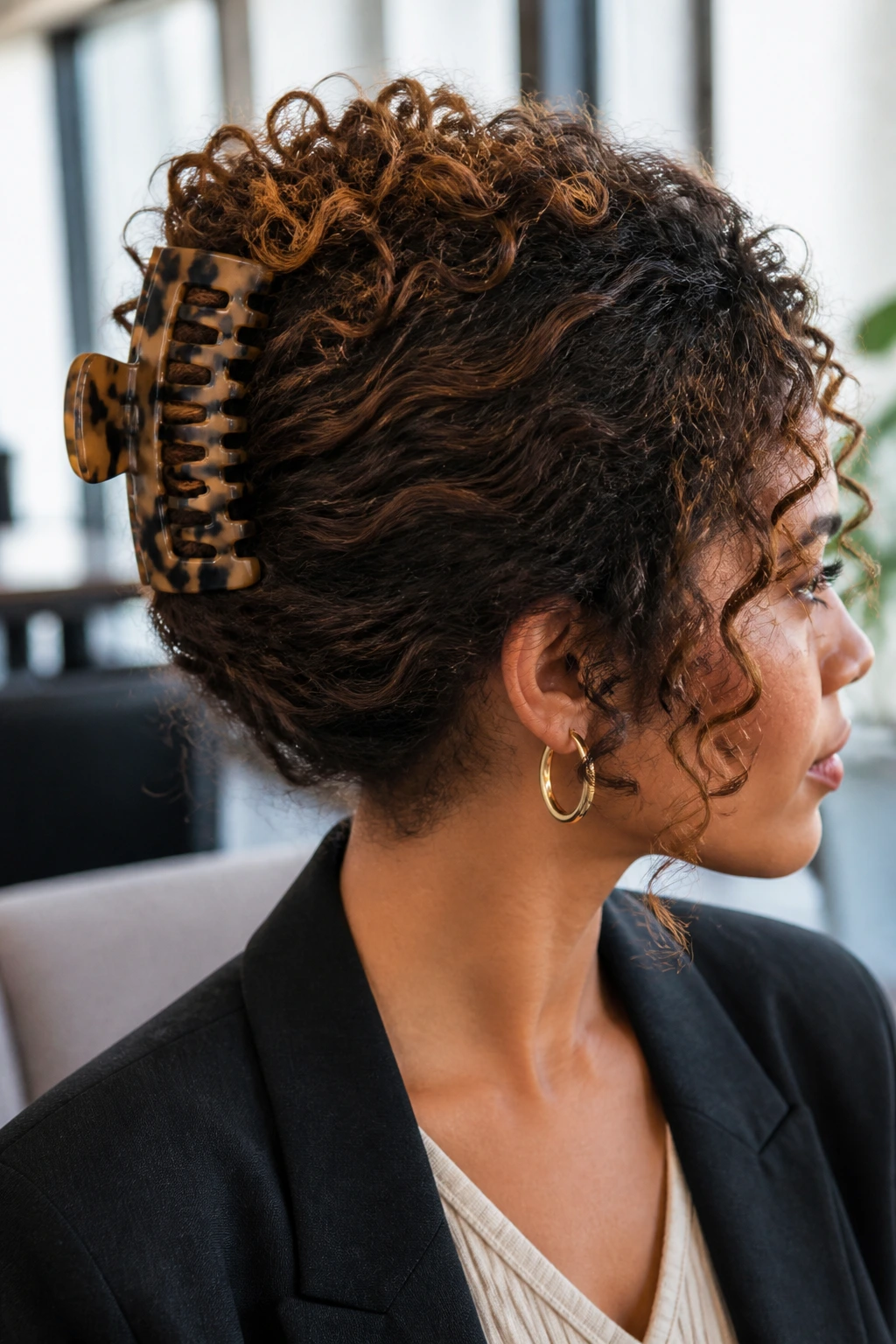 Close-up of a real woman with a claw clip hairstyle in an office setting