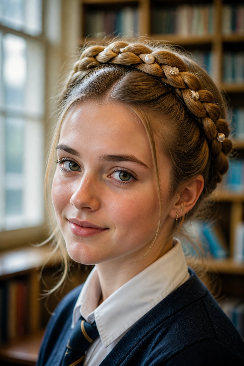 Close-up of student wearing embellished crown hair with pearls clips
