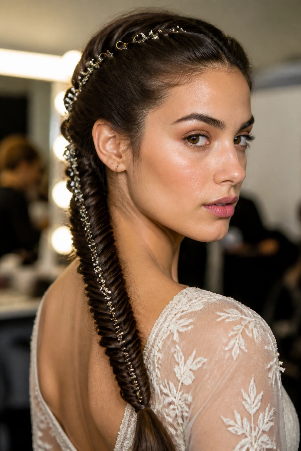 Close-up of a fishtail braid adorned with small metallic rings and floral accents on a real person